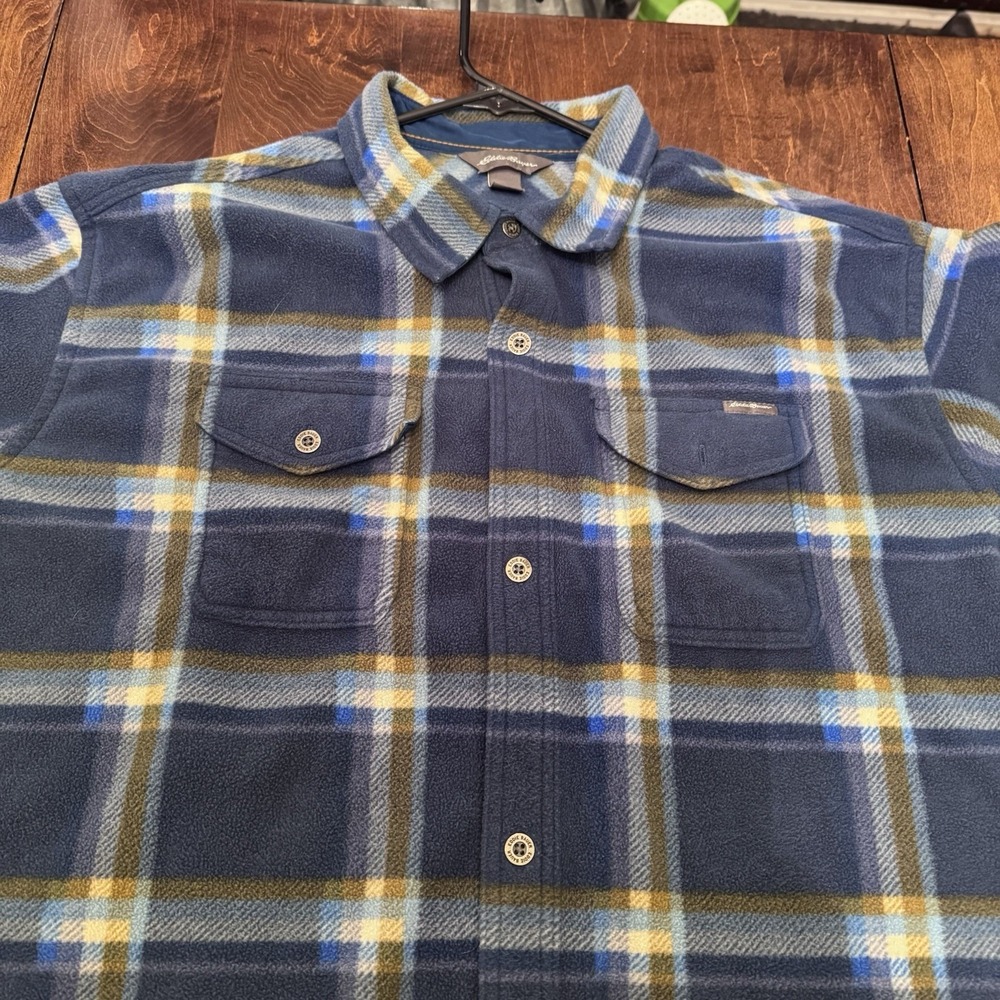 Eddie Bauer Mens XL Tall Fleece Shirt Blue Plaid Button Up Outdoor Flannel TXL - Picture 3 of 12